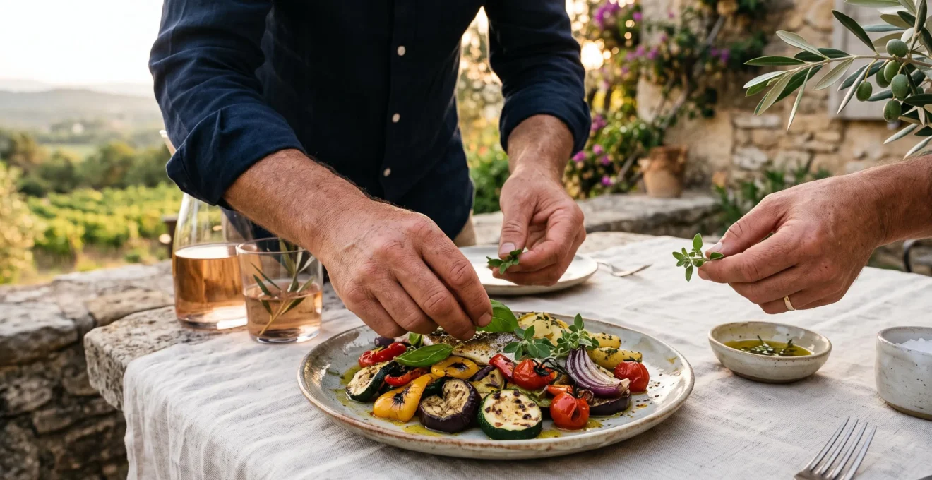 A chef plates a fresh dish on a villa terrace table set for dinner.