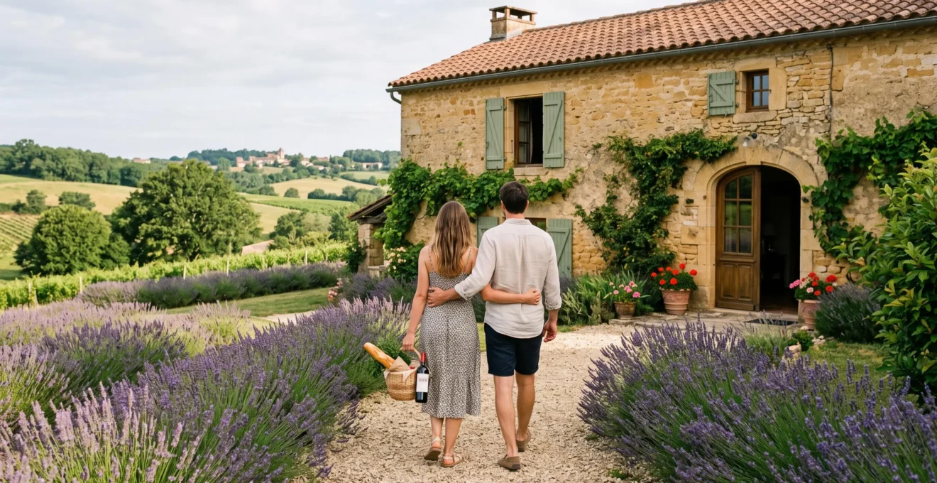 A couple walks towards a stone villa in the countryside carrying wine and bread.