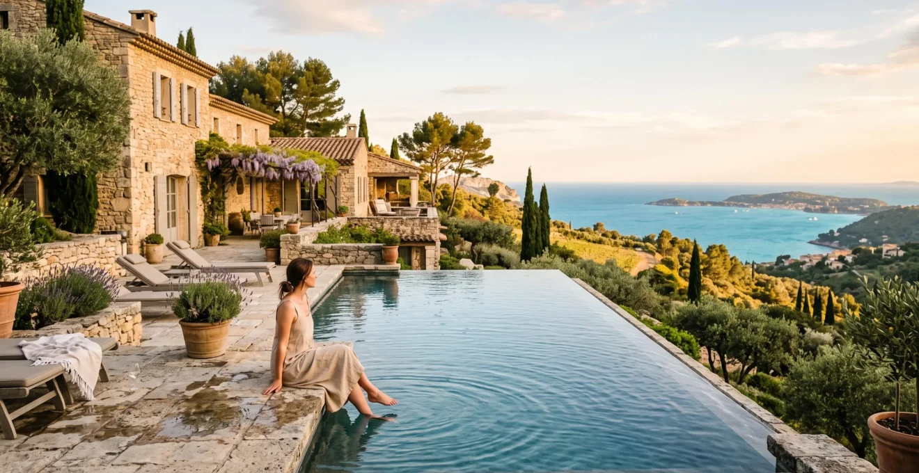A woman relaxes by the infinity pool of a luxury villa overlooking the French coast.