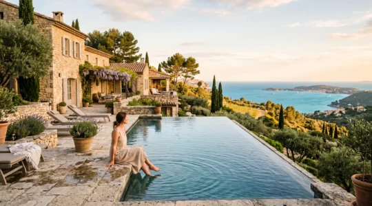 A woman relaxes by the infinity pool of a luxury villa overlooking the French coast.