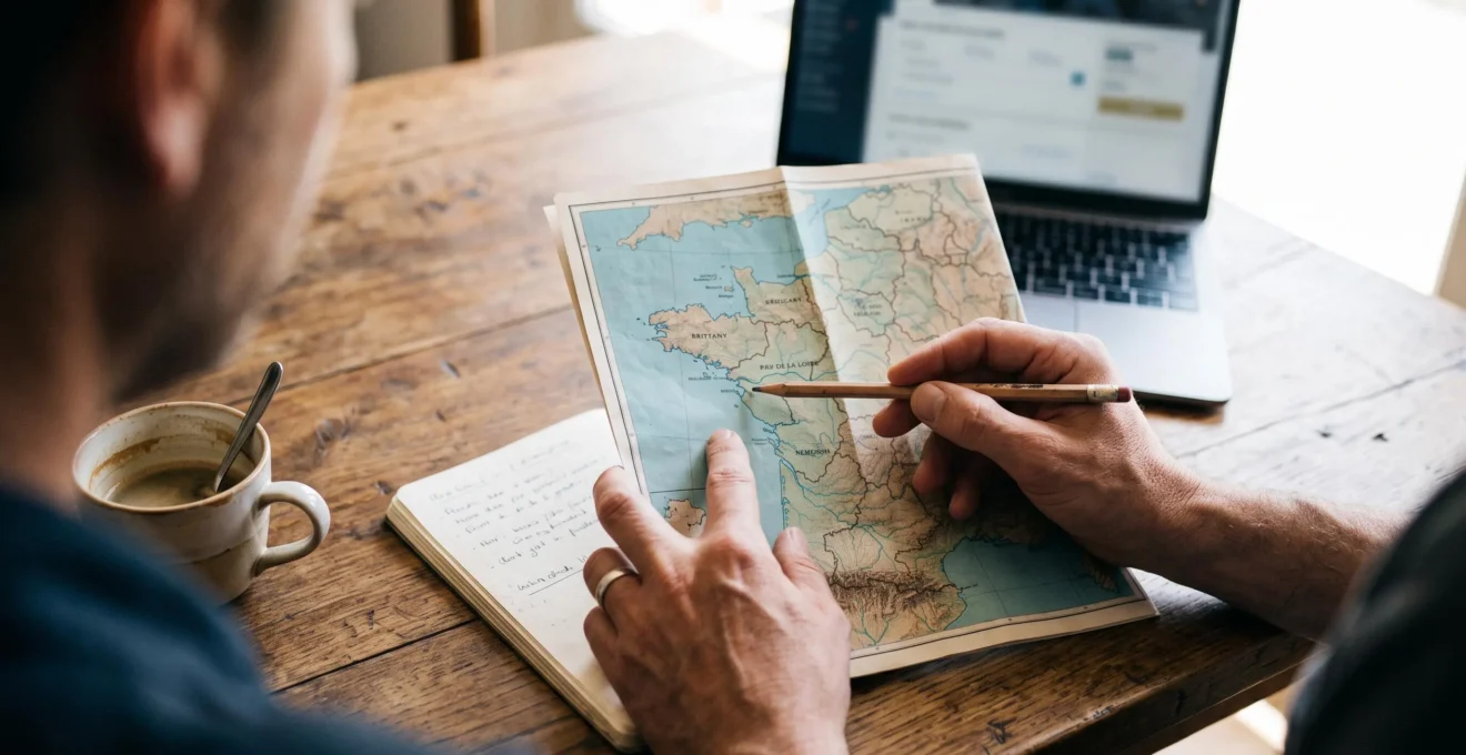 A planner points at a map of French regions while preparing a trip.